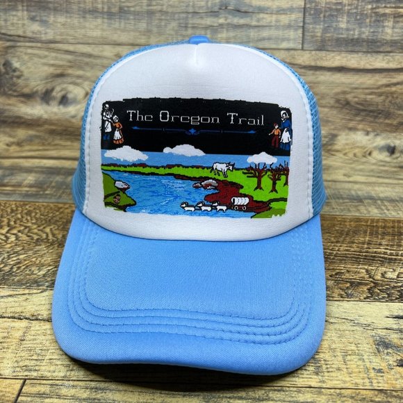 The Oregon Trail Mens Trucker Hat Baby Blue Snapback 80s Computer Game Ball Cap - Picture 2 of 8